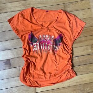 Apple Bottoms Orange Ruched Graphic V-Neck Tee Rhinestone Y2K Vintage Top